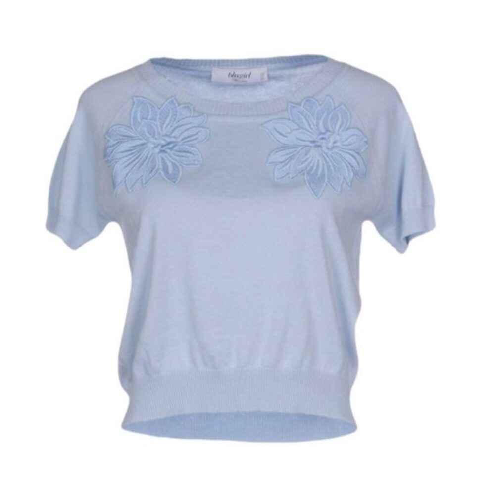 Blugirl Blumarine Women's Sky Blue Flower Appliqué Cotton Sweater Sz 10/46